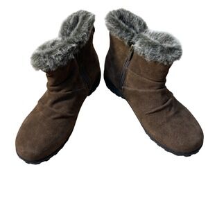 Khombu Brown Suede Ankle Boots Faux Fur Trim Women's Size‎ 8M